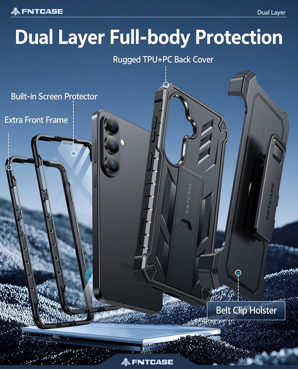 FNTCASE for Samsung Galaxy S26 Case: with [2 Front Frames & Built-in Screen Protector] [Belt Clip Holster & Kickstand] [Military-Grade Protection] Heavy Duty Full Body Shockproof TPU Phone Cover Black