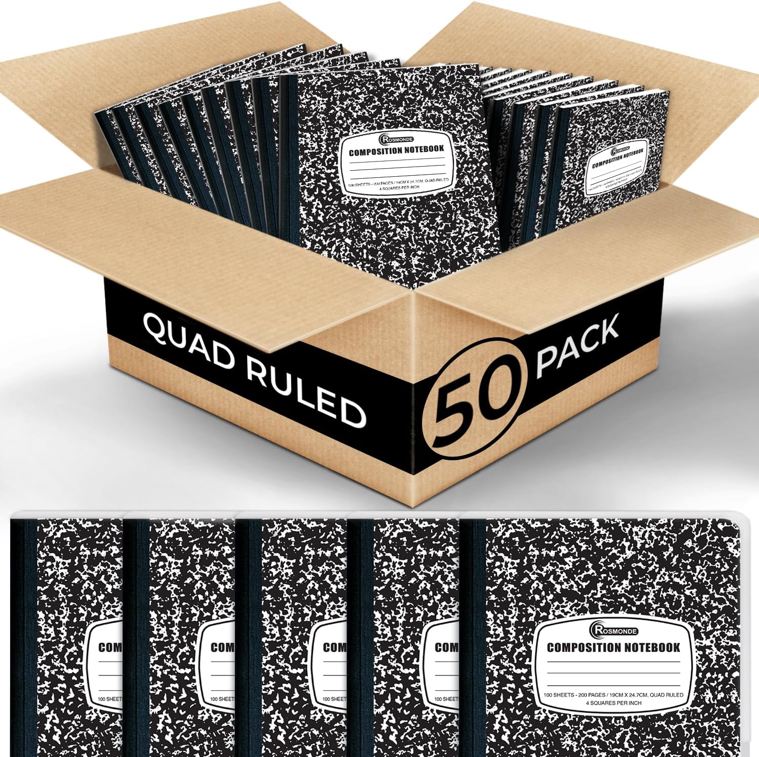 Rosmonde 50 Pack Graph Composition Notebook, 100 Sheets (200 Pgs) Graph Paper Composition Bulk Notebook for School, Bulk Graphing Notebook, 4x4 Grid, Quad Ruled Composition Book, Hard Sewn Bound Cover