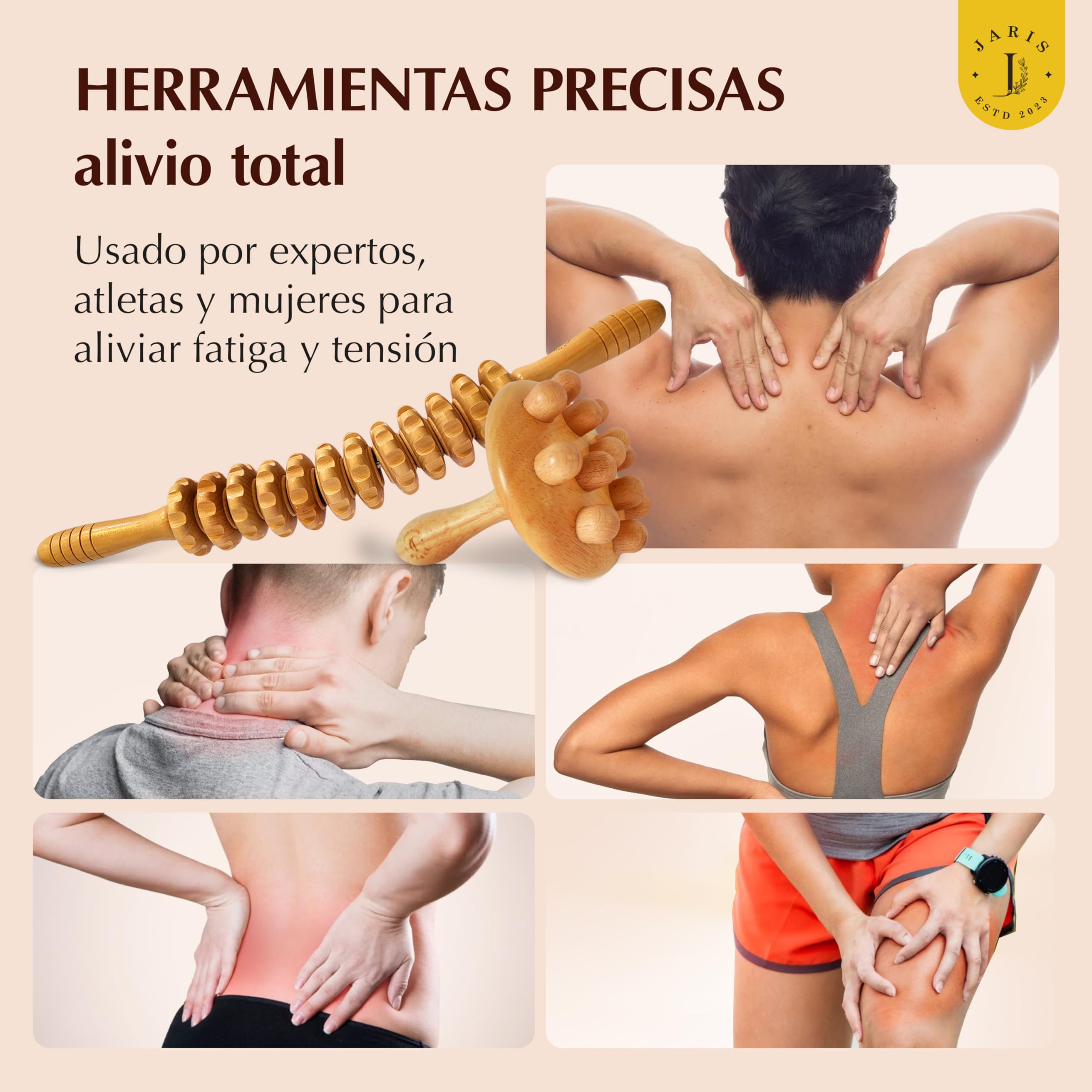 JARIS – Kit de Maderoterapia Corporal Profesional 2 Piezas - Rodillo Anticelulítico Curvo y Champiñón | Maderoterapia abdomen para Celulitis - Piernas y Cuerpo – Instrucciones QR Incluidas