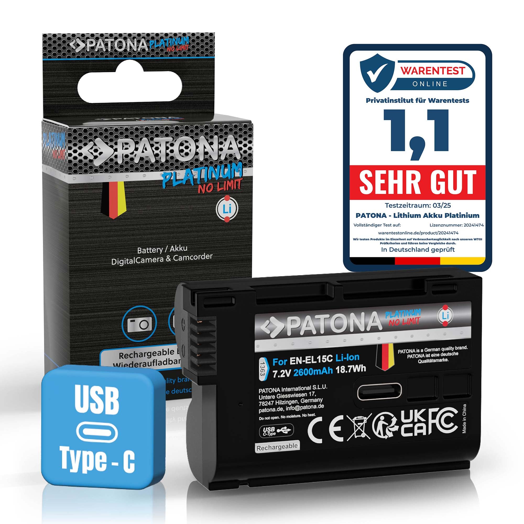 PATONA Platinum Batteria EN-EL15C 2600mAh con USB-C – ricambio per Nikon EN-EL15 EL15b EL15c – compatibile con Z5 Z6 II/III Z7 II Z8 Zf D7500 D850 D780 – ricarica diretta nella batteria