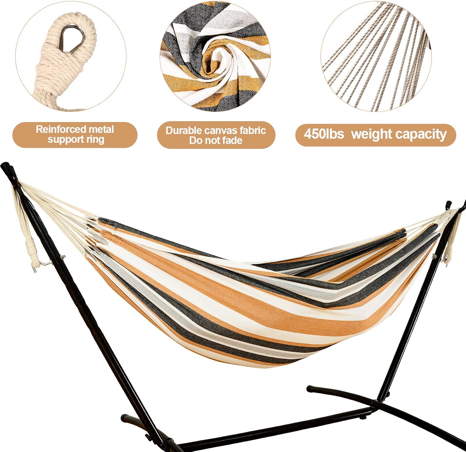 Kanchimi Hammock with Stand,Max Load 450lbs,Portable Double Hammock for para Patio,Indoor Outdoor Hammock with Stand 2 Person Heavy Duty,Premium Carrying Case Included（Coffe Brown）