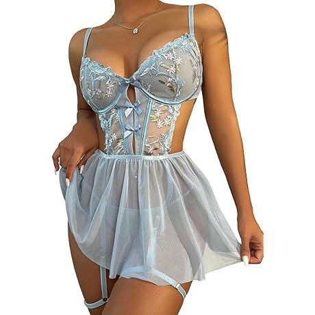 Floral Embroidery Mesh Lingerie Dress for Women