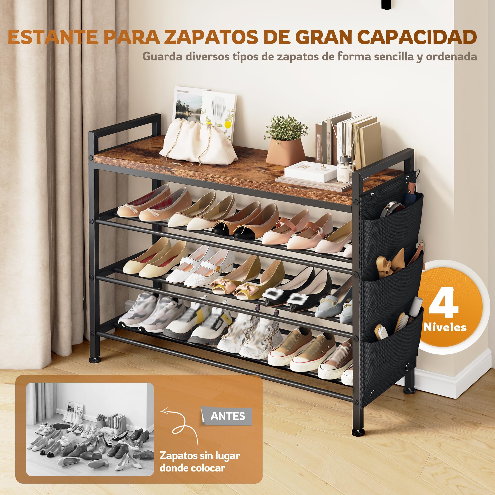 Zapatero Estrecho 4 Niveles para 12-16 Pares, Zapatero metalico Madera sólido y fácil de Limpiar, Zapatero Entrada recibidor con Bolsillos Laterales, 30 x 76 x 76,5 cm, para Entrada y Pasillo