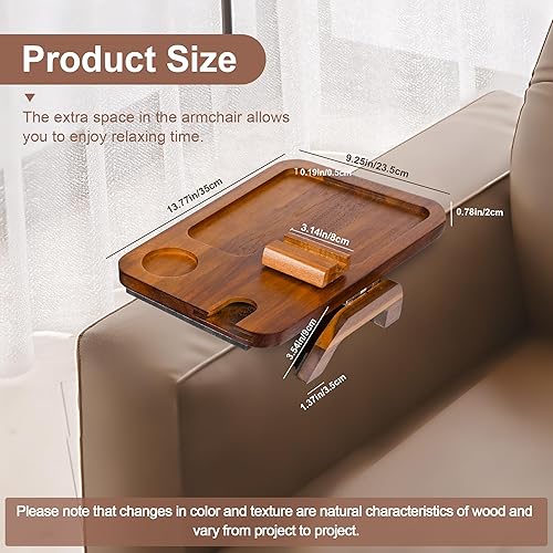 Miniatura 9 de Amazingwood Bandeja de brazo para sofá, mesa de bambú con soporte para copa de vino, bandeja plegable para reposabrazos con clip en sofás anchos