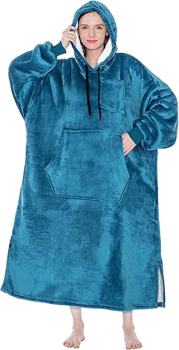 Miniatura 8 de PAVILIA Manta con capucha para mujer, manta Sherpa para hombre, acogedora manta de gran tamaño, sudadera con capucha, Azul Teal