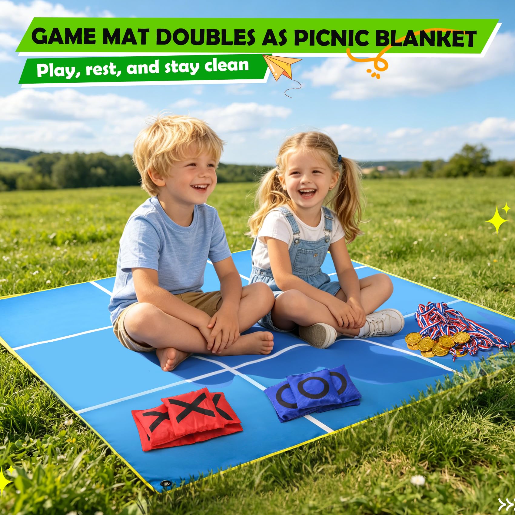Jeu 2 en 1 Géant Tic Tac Toe & Lancer de Beanbags pour Enfants et Adultes – 1,47 m avec 10 Sacs de Lancer, Recto Verso – Idéal pour Jardin, Plage, Camping & Fêtes de Famille