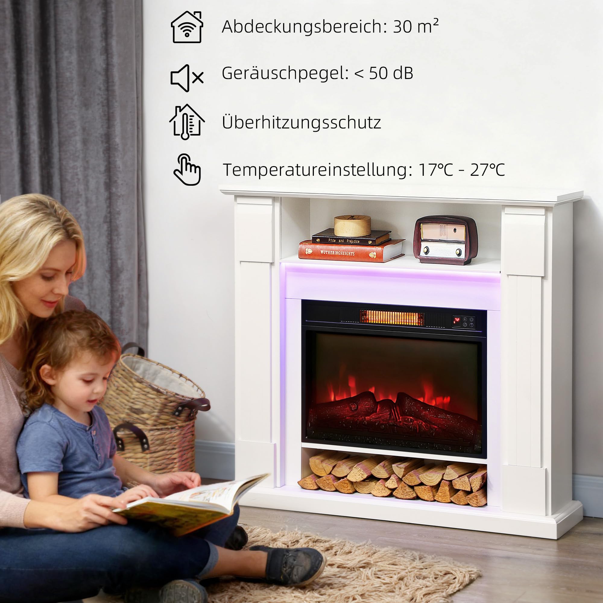 HOMCOM Kominek elektr. z grzaniem RGB LED efekt płom. 1800W Timer Biały