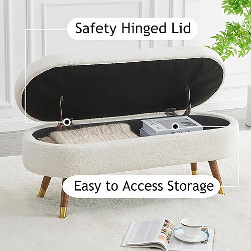 Miniatura 20 de IAFIKE Banco de almacenamiento ovalado de 43.5 pulgadas, banco otomano tapizado de tela boucle con patas de metal dorado, extremo de cama para