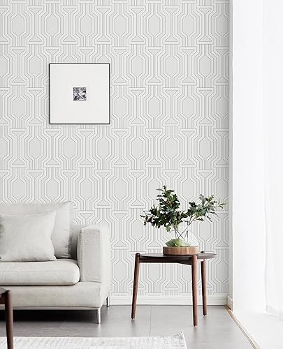 Miniatura 7 de Papel tapiz geométrico para despegar y pegar, diseño de rayas modernas de color gris claro, vinilo extraíble impermeable de 17.3 pies 78.7 pies