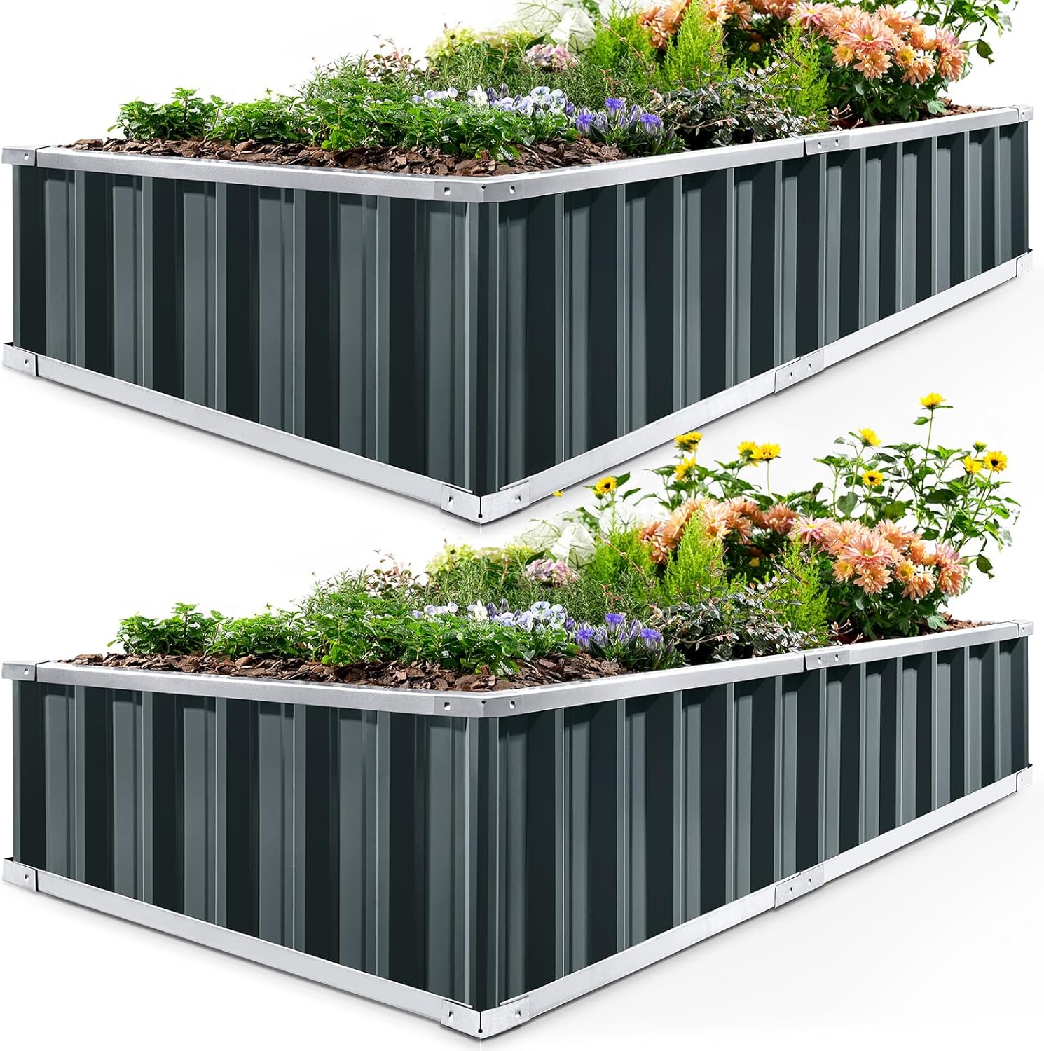 KING BIRD Raised Garden Bed 68" x 36" x 12" (2 Packs) Galvanized Steel Metal Outdoor Planter Kit Box for Vegetables, Flowers, Fruits, and Herbs, Dark Grey