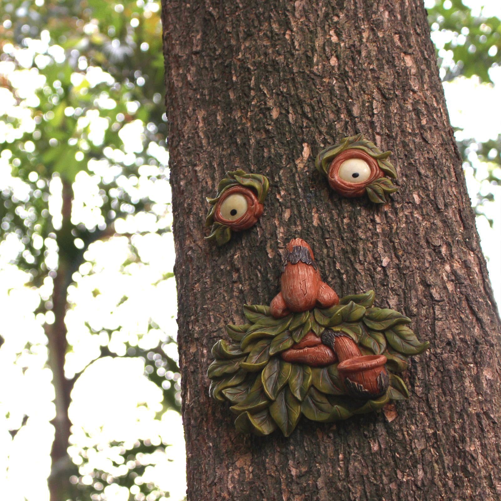 Statua da giardino per esterni con faccia di albero, occhi che si illuminano al buio, scultura creativa per feste, cortile, arte in resina, decorazione da giardino, decorazione per