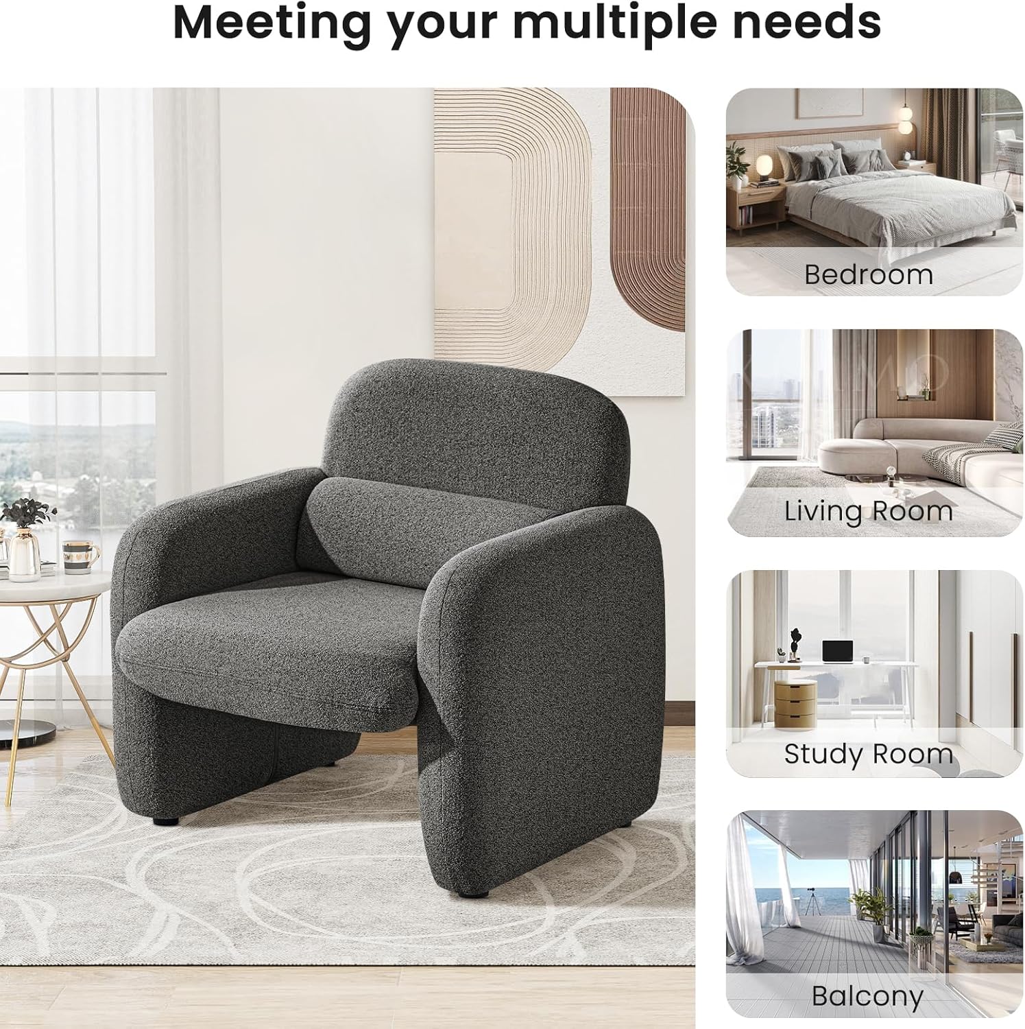 Furniliving 30.5" Accent Chairs Set of 2, Chenille Fabric Living Room Chair, Comfy Upholstered Armchair Single Sofa Chair with a Waist Pillow for Bedroom/Office/Reading Spaces, Dark Grey