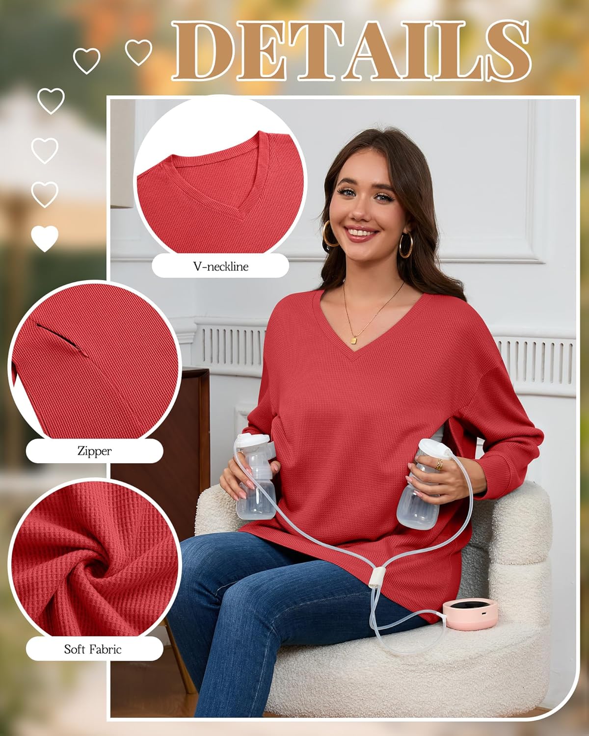 3 Pack Women's Nursing Tops Waffle Knit V Neck Breastfeeding Long Sleeve Shirts Hidden Zipper Loose Fit Sweatshirt(Watermelon Red, Green, Light Orange,Large) - Image 5