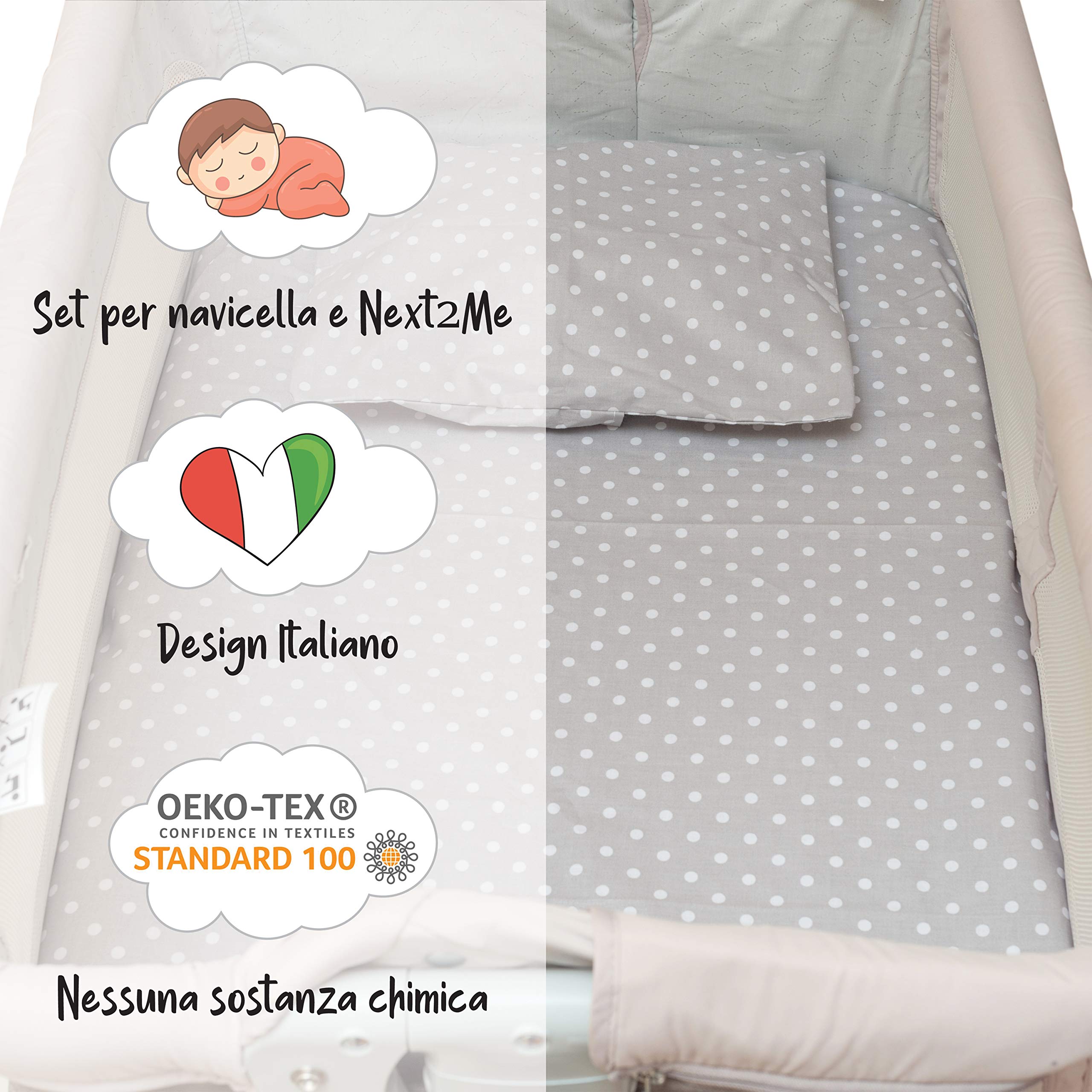 CangooCare© Set Lenzuola 4 Pezzi Compatibile Next2Me, Culle Cosleeping, Carrozzina, 100% Cotone, 2 Lenzuola Con Angoli, 1 Lenzuolo Sopra, 1 Federa (Pois Grigi)