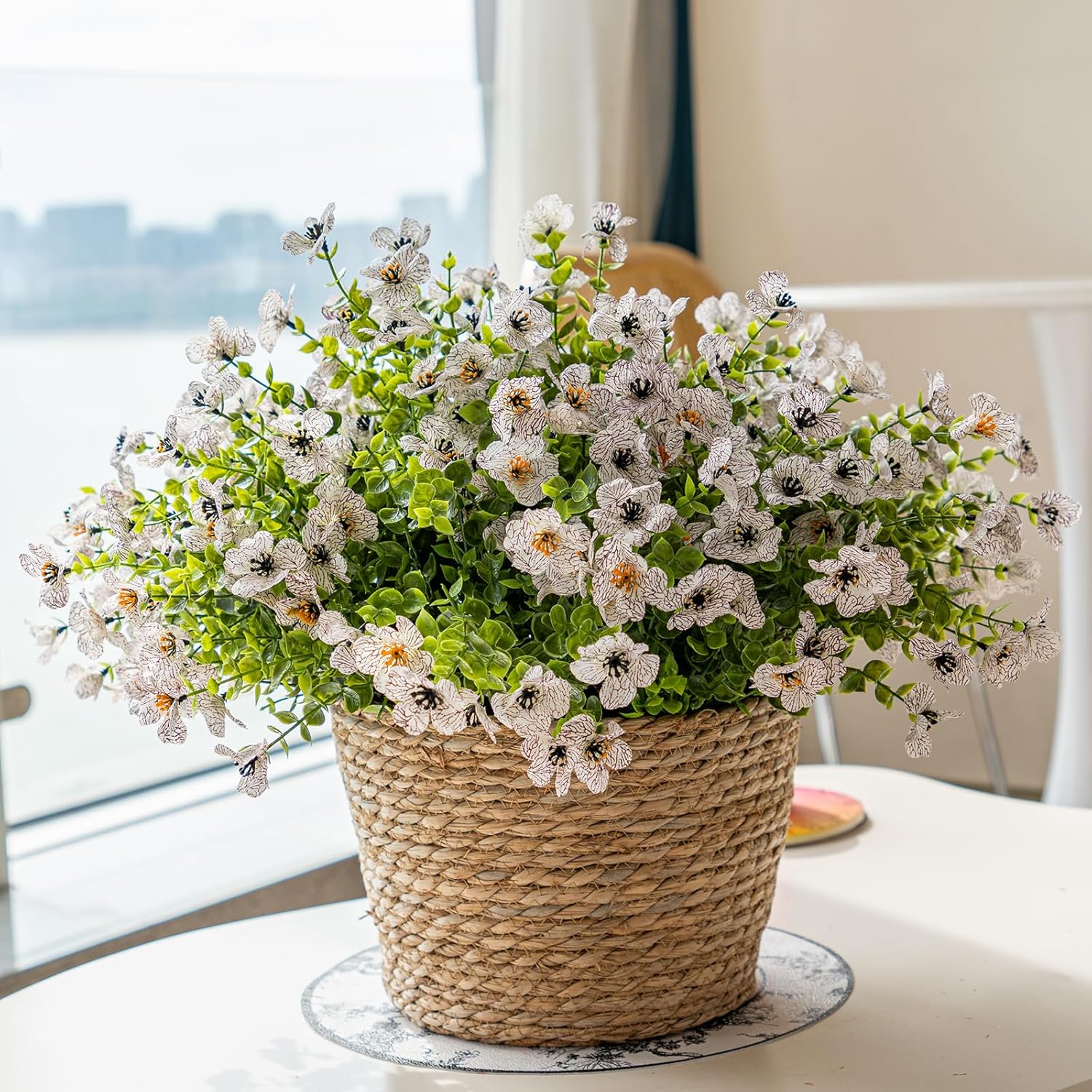 DUYONE Artificial Flowers Outdoor,UV Resistant Realistic Garden Artificial Plants,Bright 16 Bundles No-Fade Veranda Fake Faux Flowers,for Porches Patios Walkway Gardens Decor-White