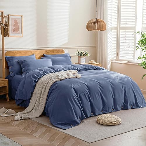 Miniatura 3 de JELLYMONI - Funda de edredón de 100% algodón lavado, tamaño Queen, color azul, con botones, 3 piezas, transpirable, suave, unicolor, de 90 x 90