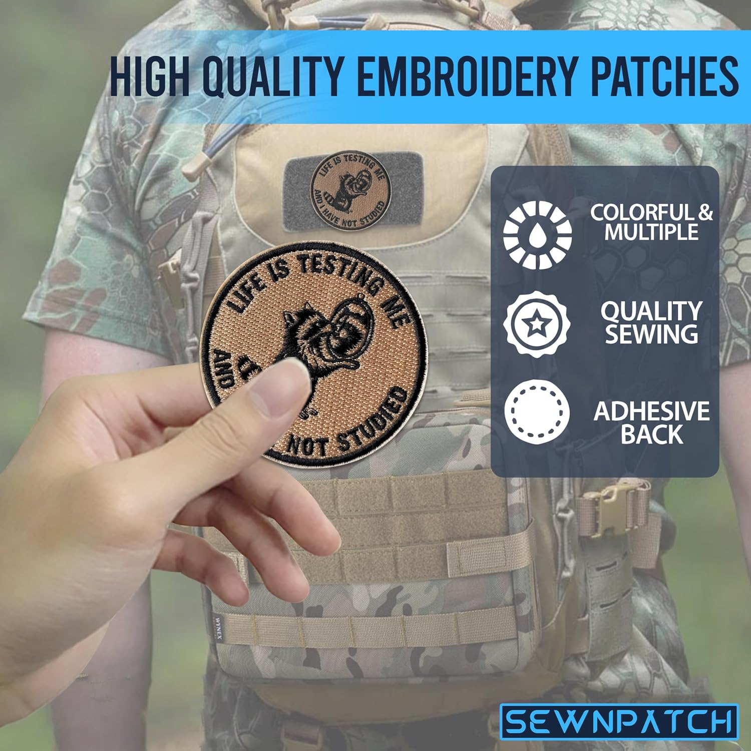 Life is Testing Me and I Have Not Studied Hook and Loop Patch for Backpacks Hats Vest Dog Harness Bags, Size 3" Sewing Patches, Tactical Appliques for Clothes, Embroidery Patch, Raccoon Gifts