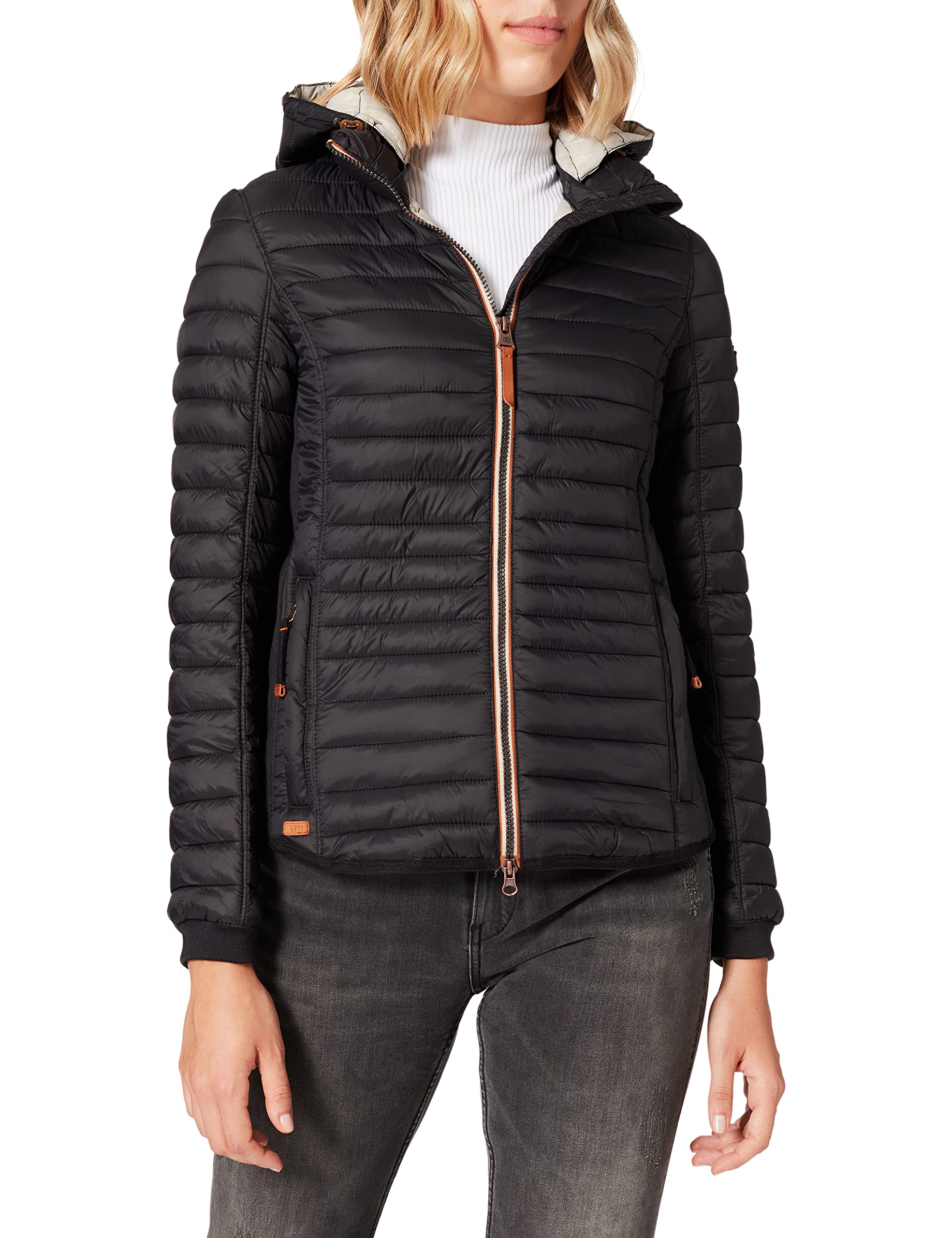 camel active Women's Lightweight Quilted Jacket with Removable Hood, Black, 20