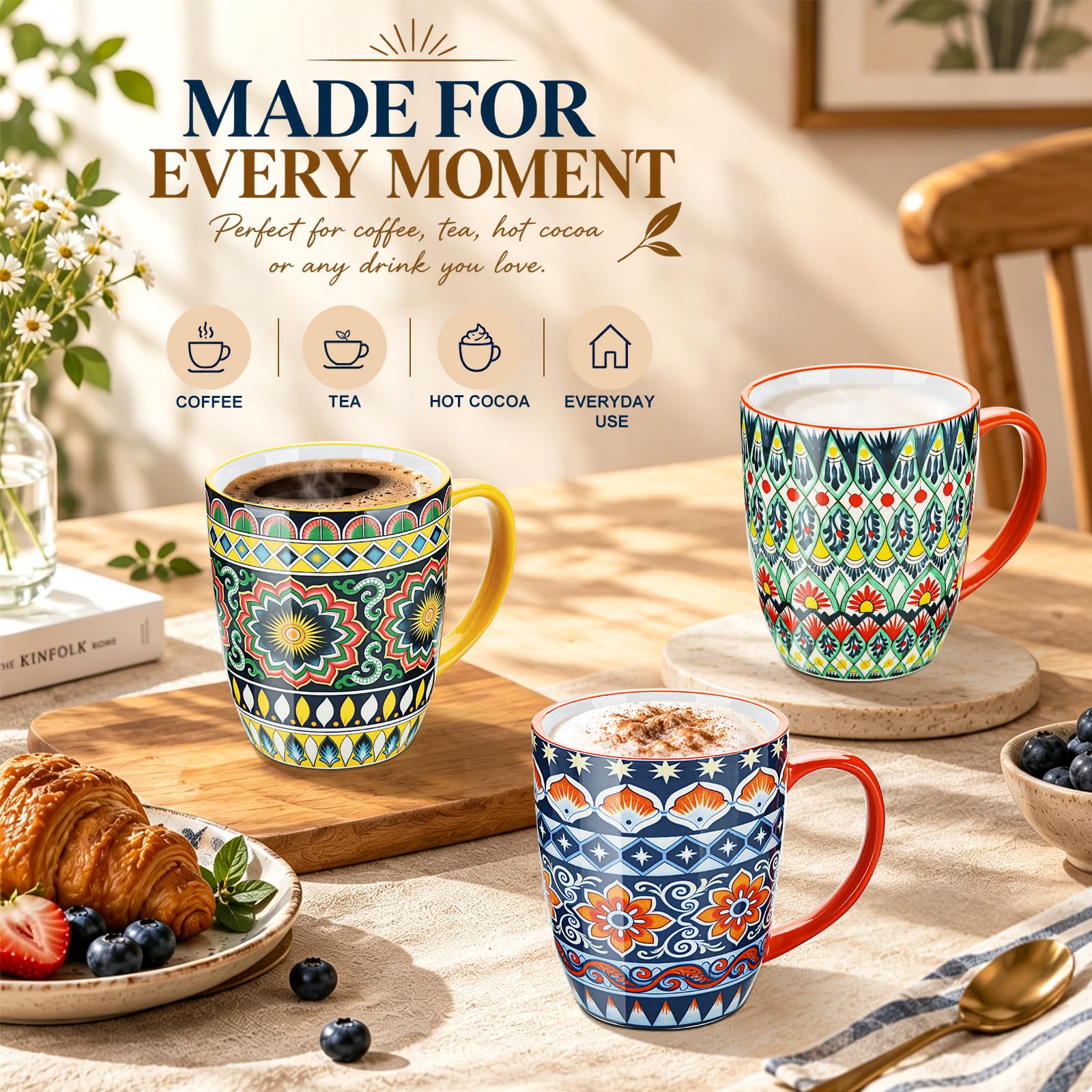 EXREIZST Porzellan Kaffeebecher 6er Set, 500 ml, Boho, spülmaschinenfest