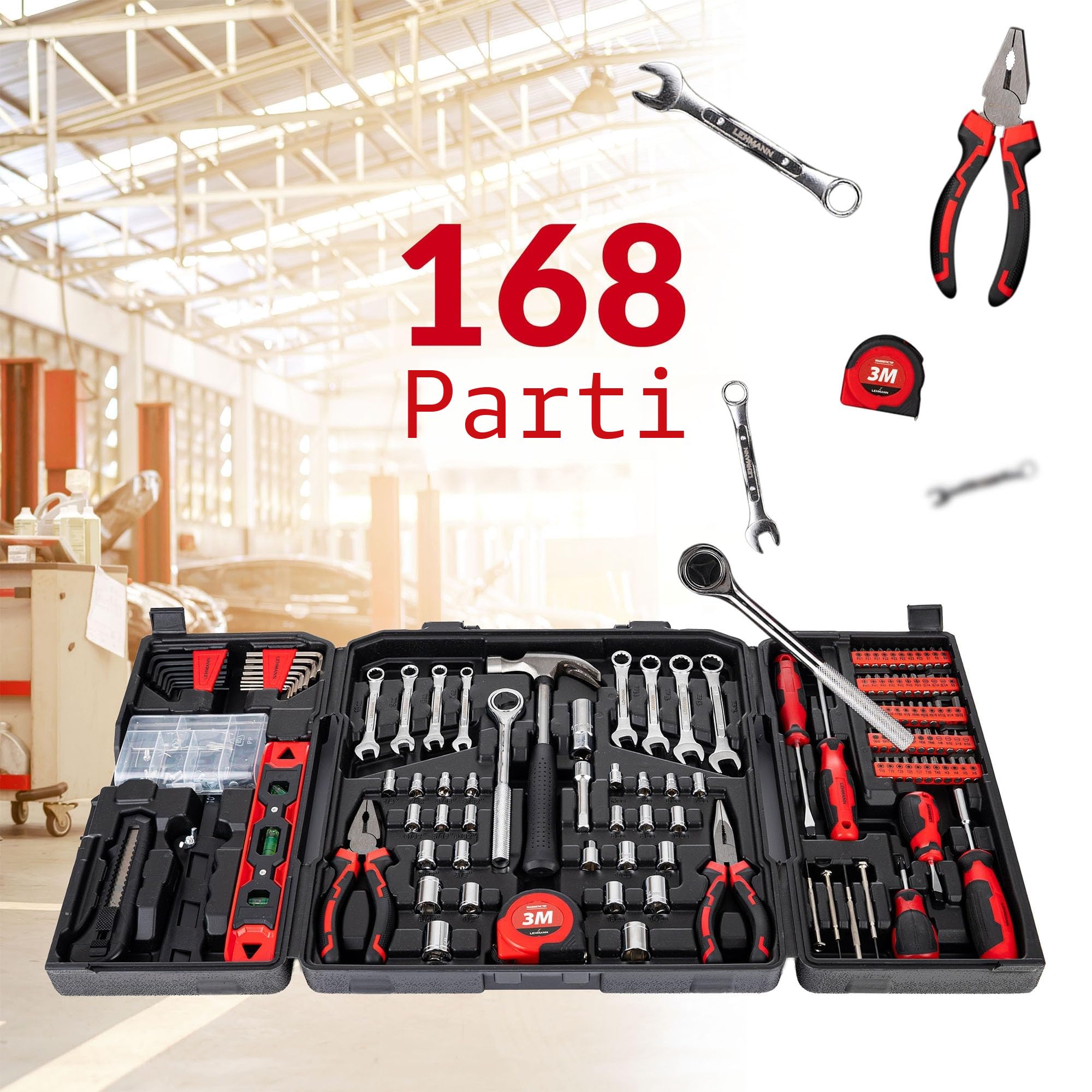 LEHMANN Cassetta Attrezzi Completa 168 pezzi - Valigetta Pieghevole con Maniglia di Trasporto - Set Attrezzi da lavoro Portatile - Kit ideale per Fai-da-te, Casa e Garage