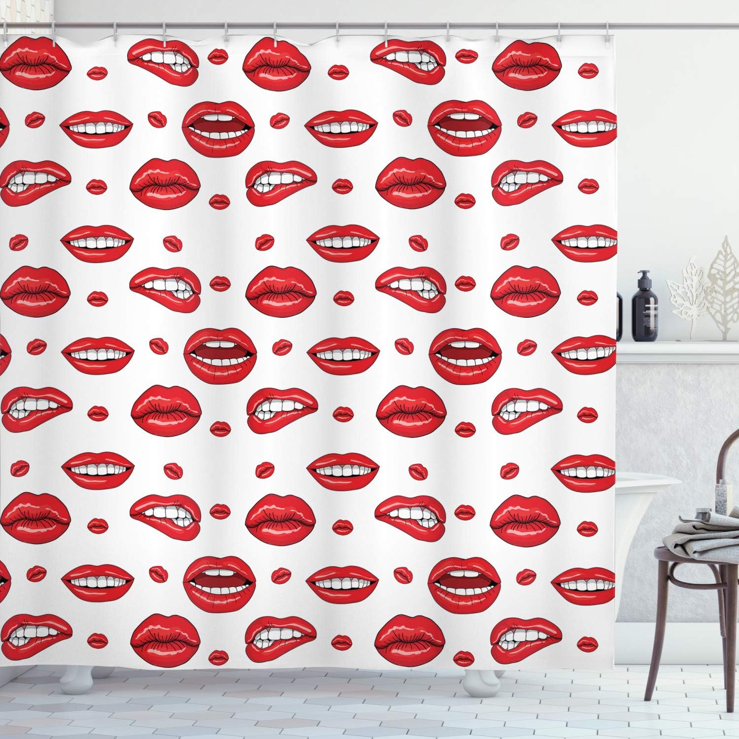 Ambesonne Vintage Shower Curtain, Various Women Lip Forms in Several Gestures Sad Nervous Happy Female Print, Cloth Fabric Bathroom Decor Set with Hooks, 69" W x 75" L, Vermilion and White