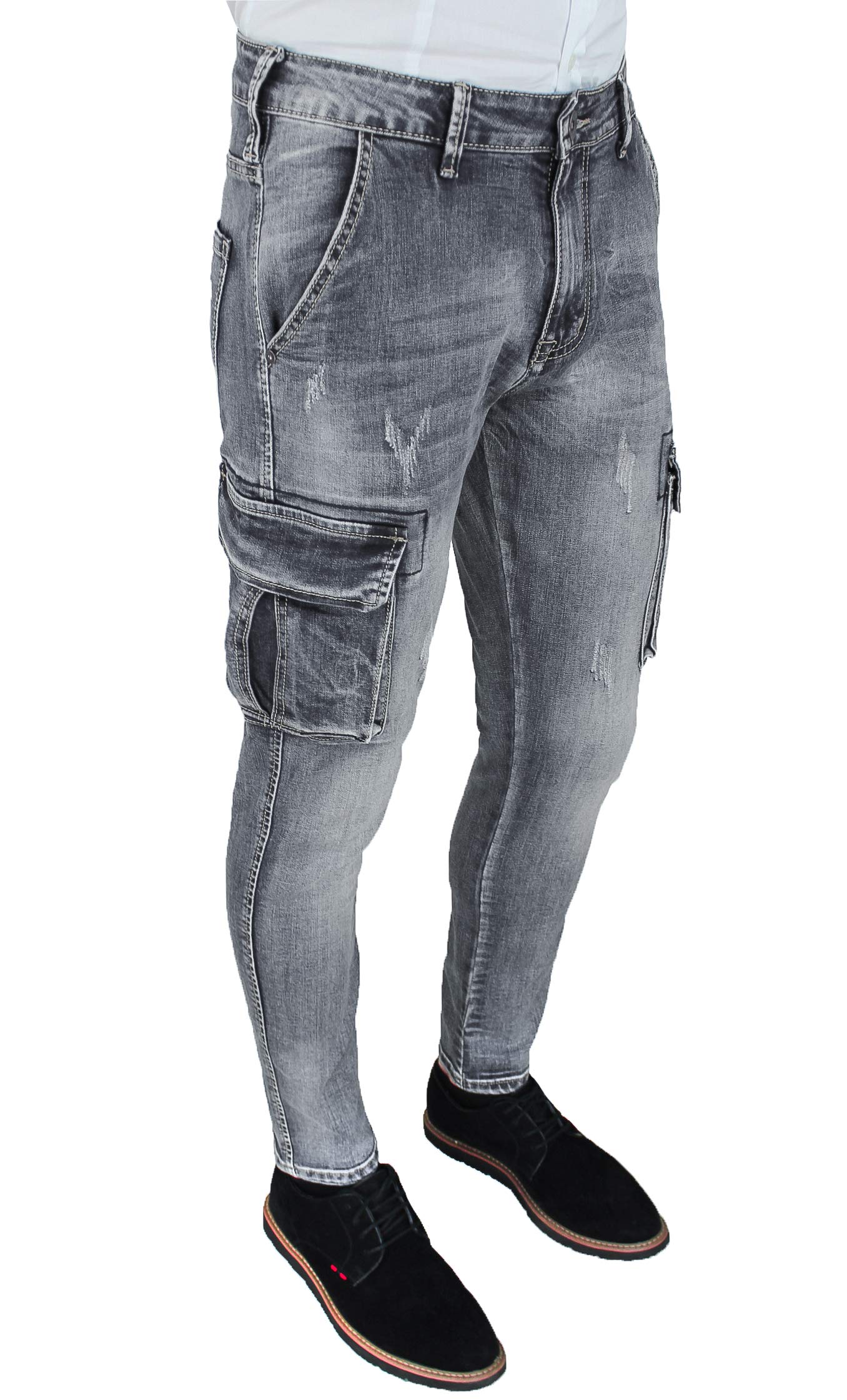 Evoga Jeans Uomo Cargo Blu Denim Casual Slim Fit con tasconi Laterali