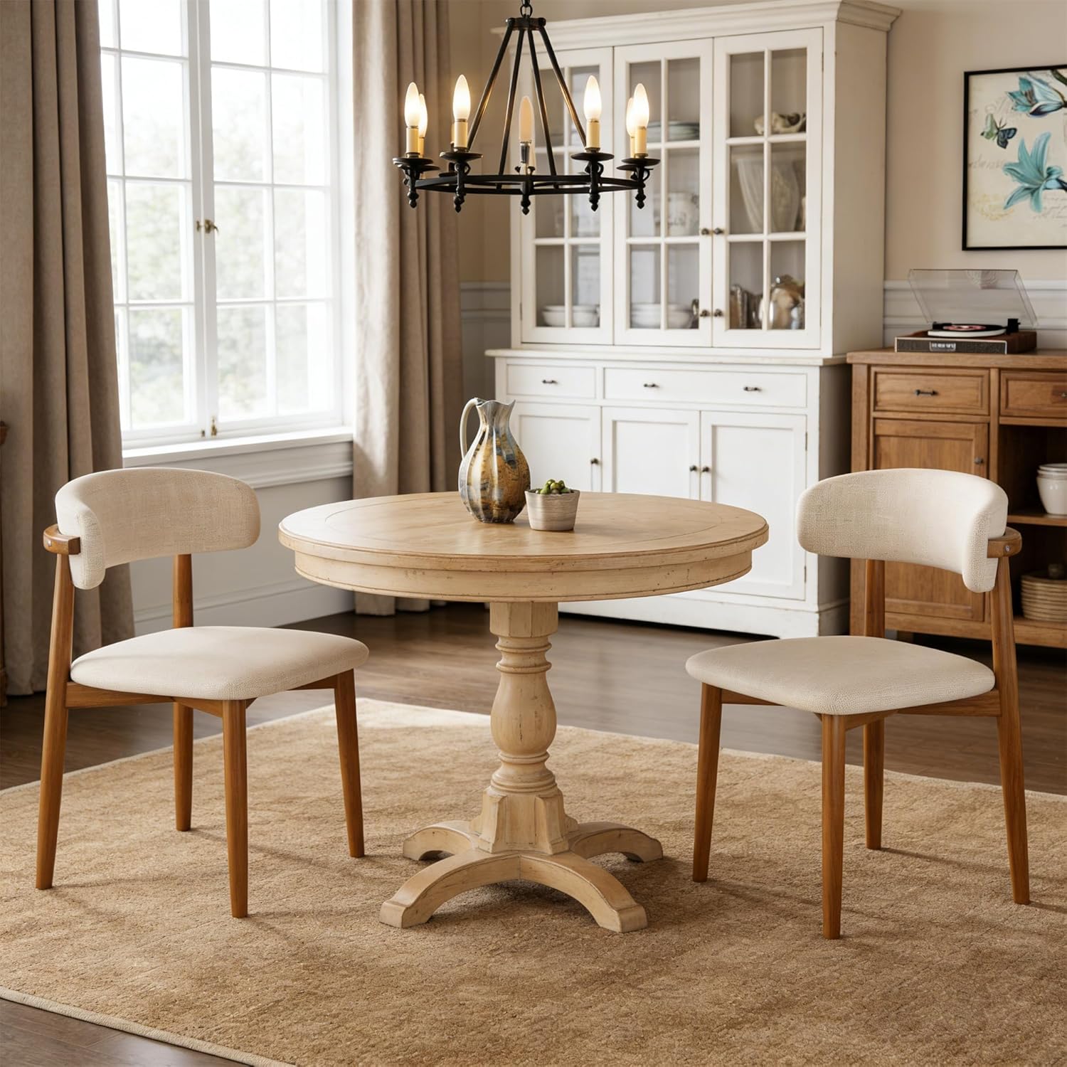 Wooden Dining Chairs Set of 2 Mid Century Modern Upholstered Farmhouse Dining Room Chair with Solid Wood Legs, Fabric Kitchen Side Chairs with Ergonomic Curved Backrest