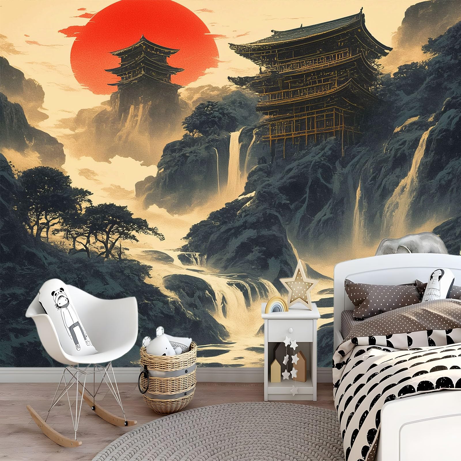 Panoramiczna tapeta 3D 200 x 140 cm japońska świątynia łańcuch górski tapeta z włókniny, plakat ścienny do salonu, dekoracji pokoju dziecięcego, łatwy montaż, niebiesko-szara