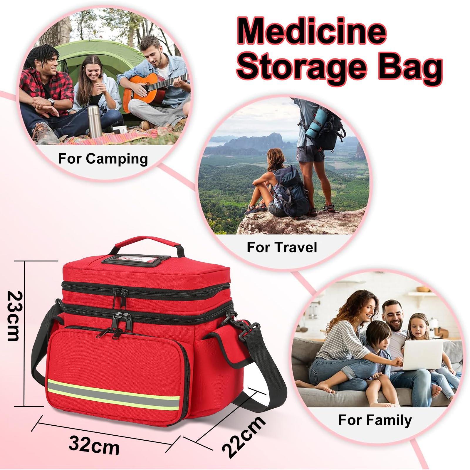 Trousse de Secours Vide, Trousse Infirmiere Pharmacie Voyage, Sac de Rangement de Médecine Portable avec Bandoulière, Double Couche, pour Maison Bureau voiture Camping et Randonnée