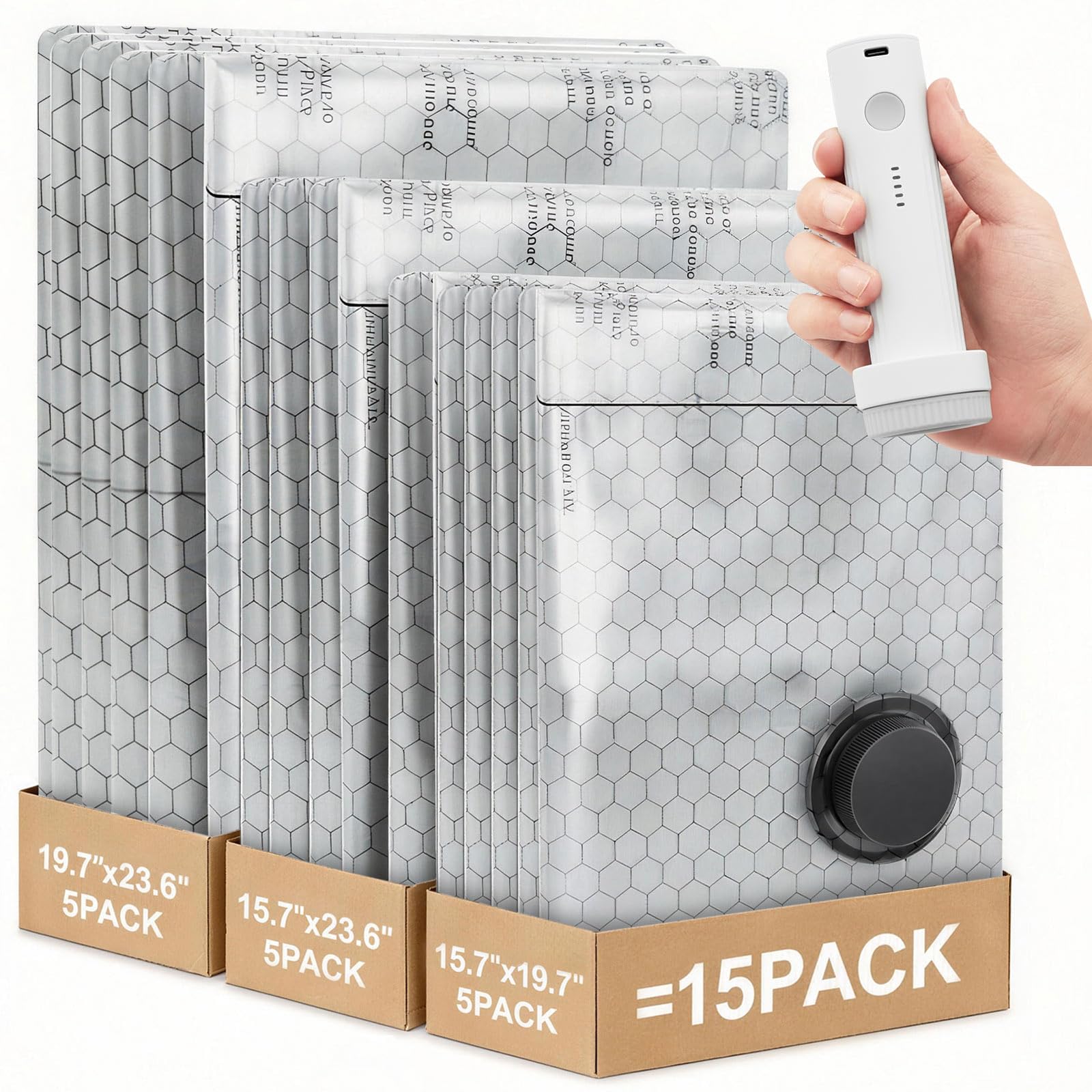 Vacuum Storage Bags for Travel with Wireless Electric Pump, 15 Pack 3-Size Travel Vacuum Bags with Pump Rechargeable, Fast Compression Portable Vacuum Packing Cubes, 80%Luggage Space Saver for Clothes