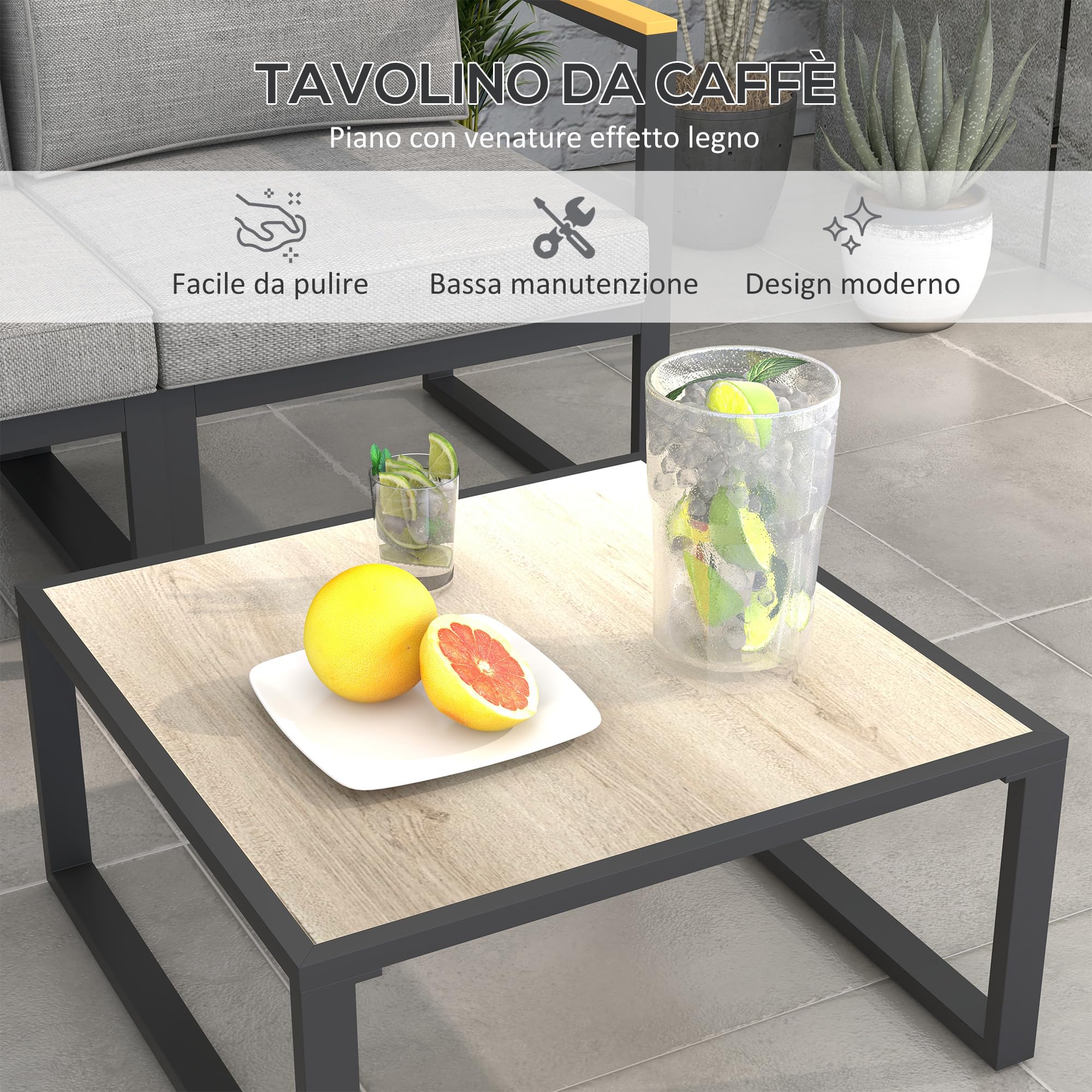 Outsunny Salotto da Giardino con Divano e Tavolino, Set 6 Pezzi in Alluminio con Cuscini Imbottiti, Tavolino con Piano Effetto Legno, Grigio