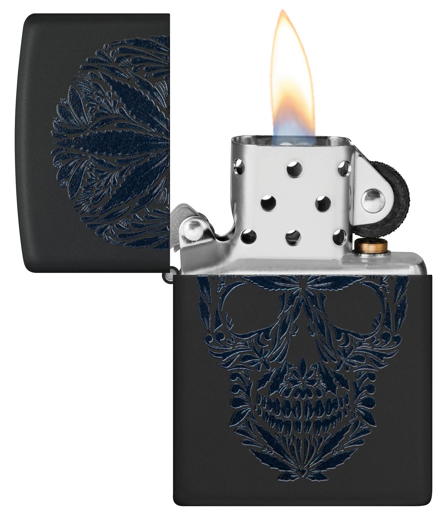 Zippo Sturmfeuerzeug - Modell Cannabis Skull - Black Matte Finish mit Black Light Effekt - Nachfüllbar - Wiederverwendbar - Windfestes Design - Made in USA