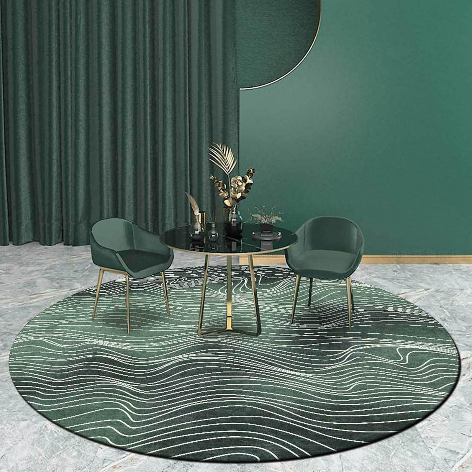 GUGJHFVH Round Large Area Rugs ø 150 cm Bedroom Living Room Office Studio and Indoor Decoration Non-Slip Washable Rugs Retro Abstract Curves Green