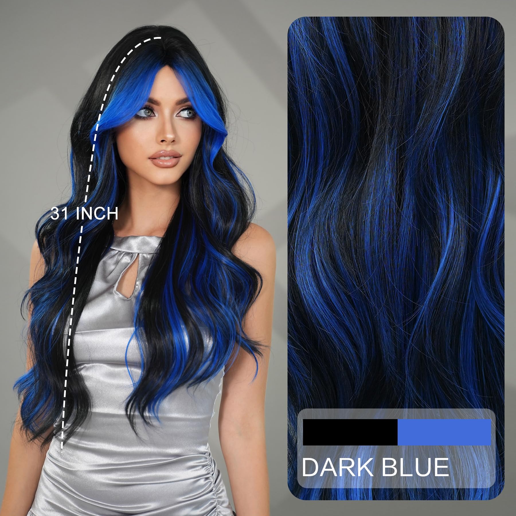 Amazon.com : 7JHH WIGS 31in Natural Black Blue Highlight  display picture 2