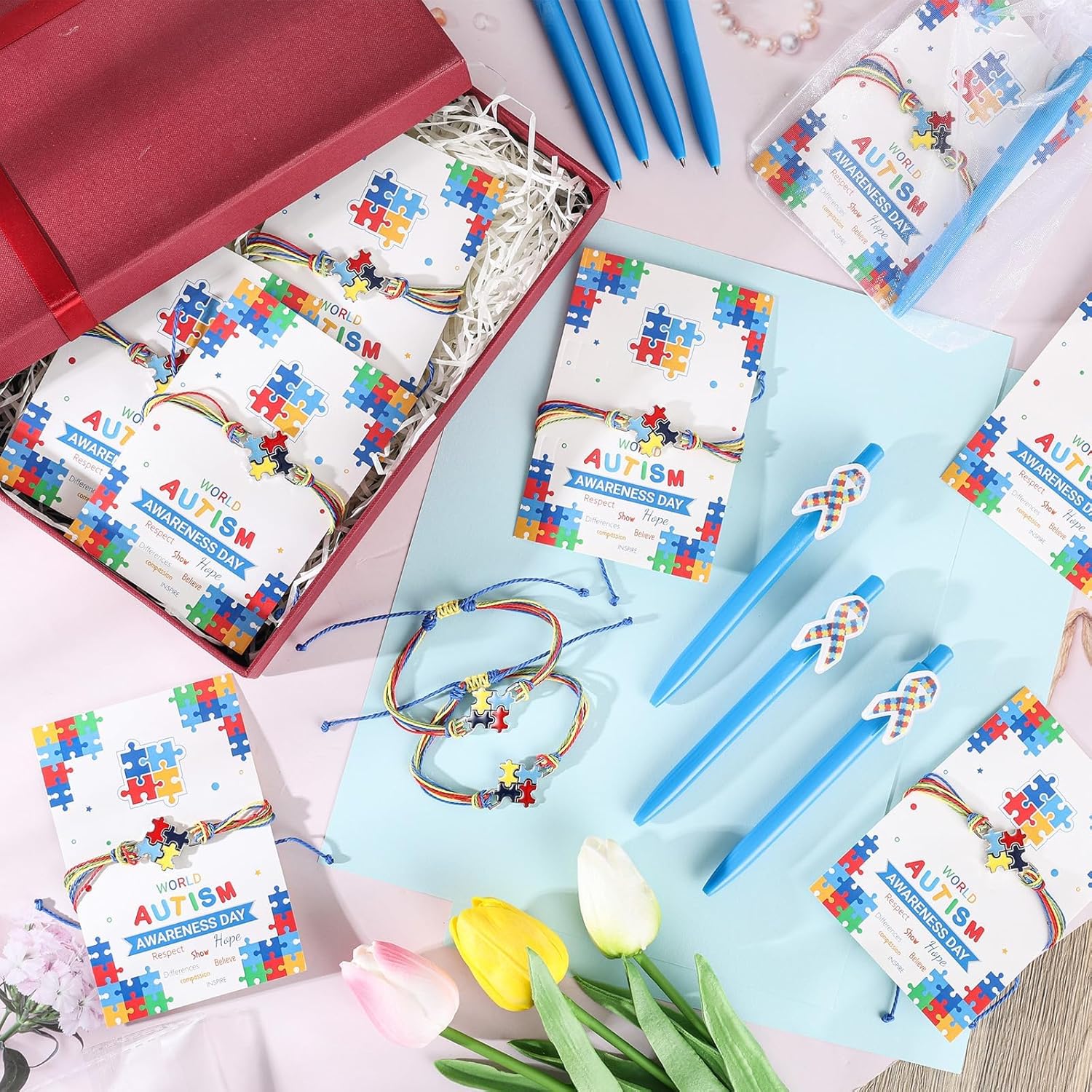 96PCS Autism Awareness Items Bulk Autism Awareness Gifts Include Autism Awareness Bracelets Cancer Awareness Ribbon Pen for Autistic Students School Office Autism Theme Charity Event (Autism, 96) - Image 2