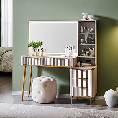 T4TREAM Fluted Makeup Vanity Desk with 36" HD Lighted Mirror, 48" Big Modern Vanity Desk with Mirror and Lights, Dressing Table with 5 Drawers & Shelves, Glass Top for Bedroom (Natural Oak)