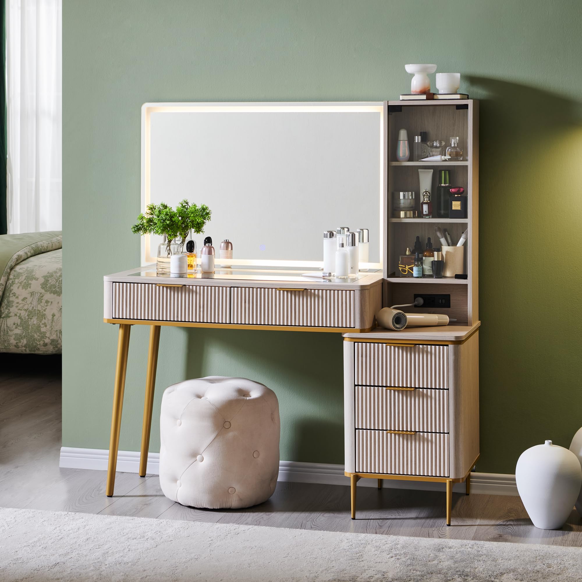 T4TREAM Fluted Makeup Vanity Desk with 36" HD Lighted Mirror, 48" Big Modern Vanity Desk with Mirror and Lights, Dressing Table with 5 Drawers & Shelves, Glass Top for Bedroom (Alder White)