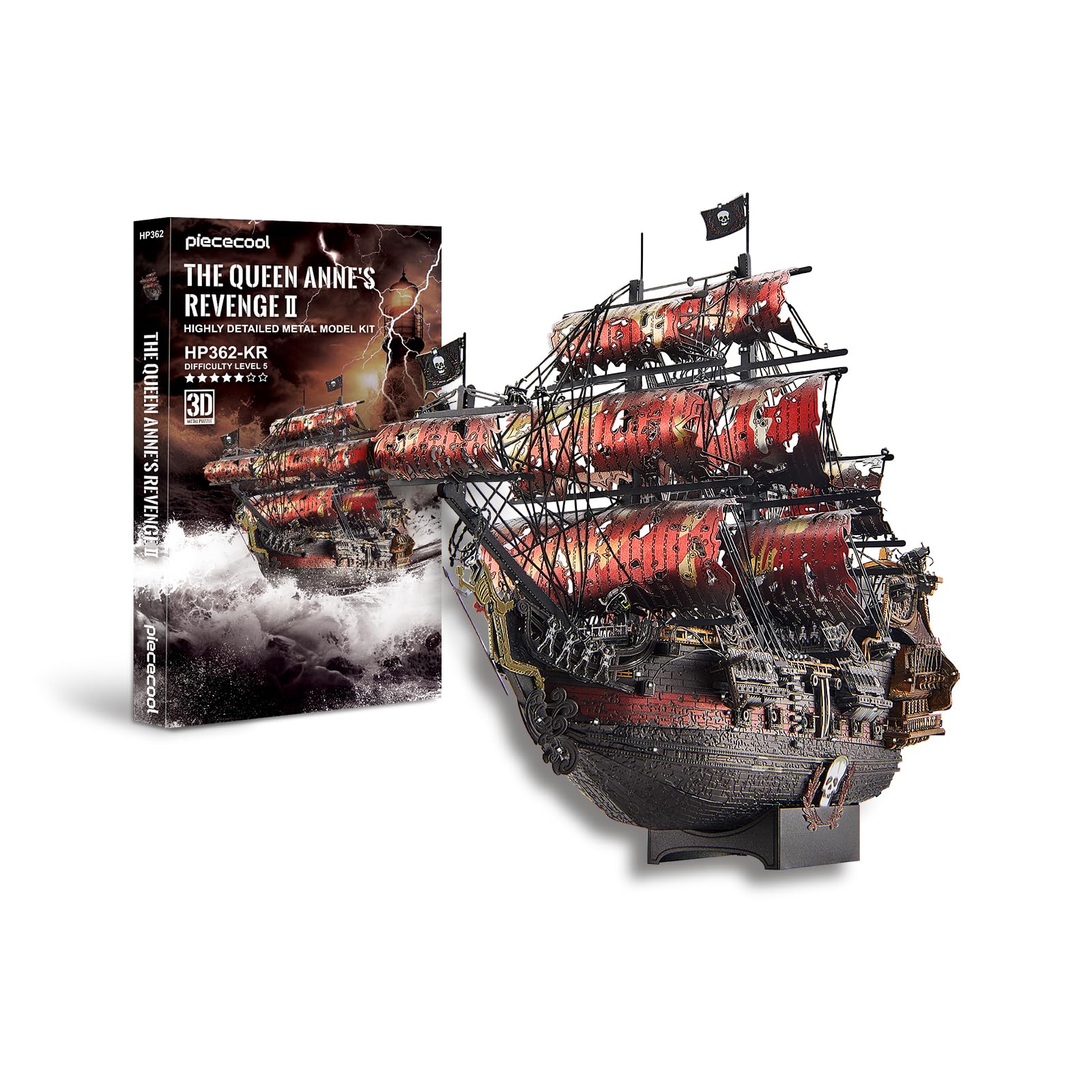 Piececool 3D Puzzle Metall Piratenschiff Queen Anne's Revenge, Modellbausatz für Erwachsene, 439 Teile, Edelstahl, Segelboot