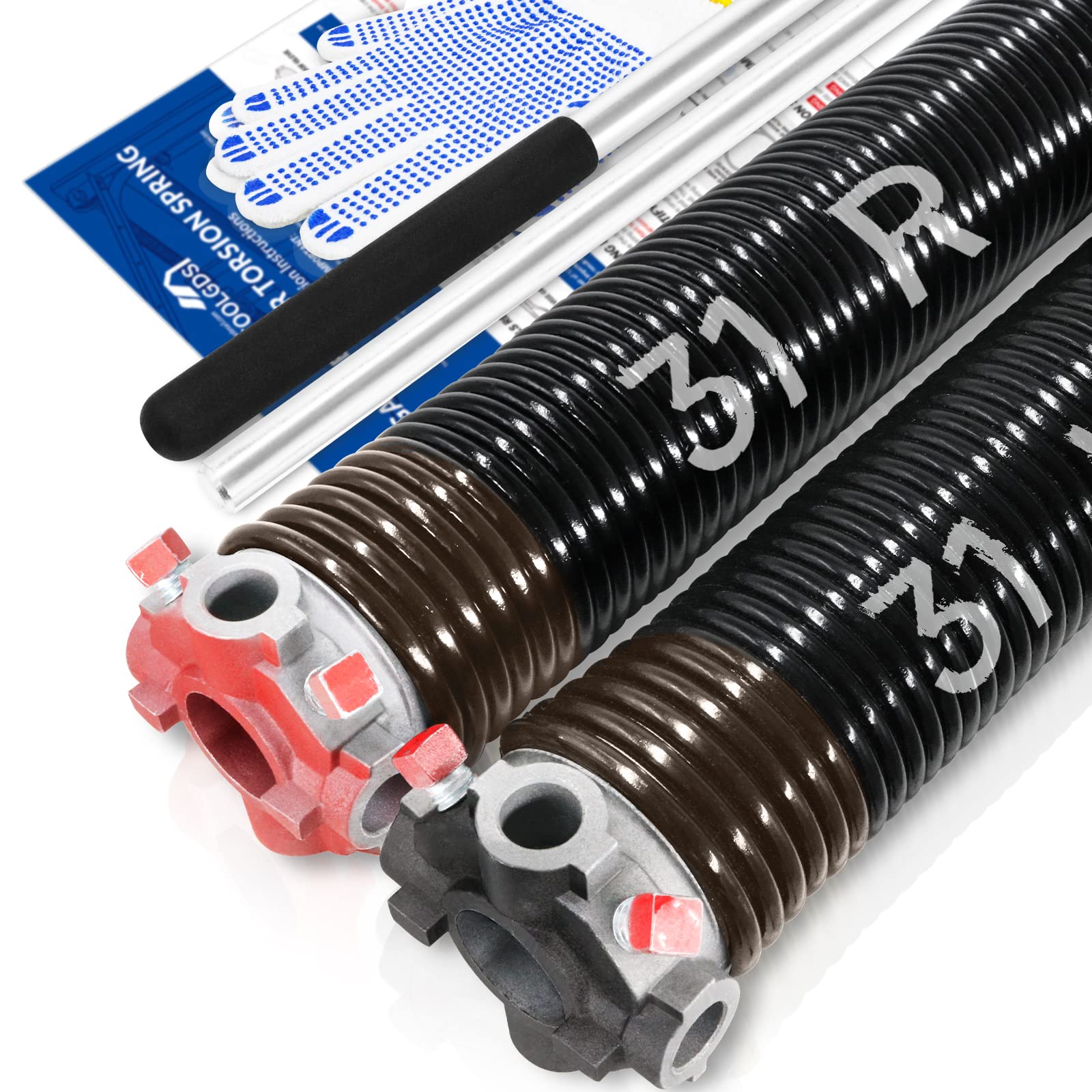 Pair of 2" Garage Door Torsion Springs Set with Non-Slip Winding Bars & Gloves, High Quality Precision Electrophoresis Oil-Free Black Coated for Replacement, Minimum 16,000 Cycles (0.234 x 2" x 31'')