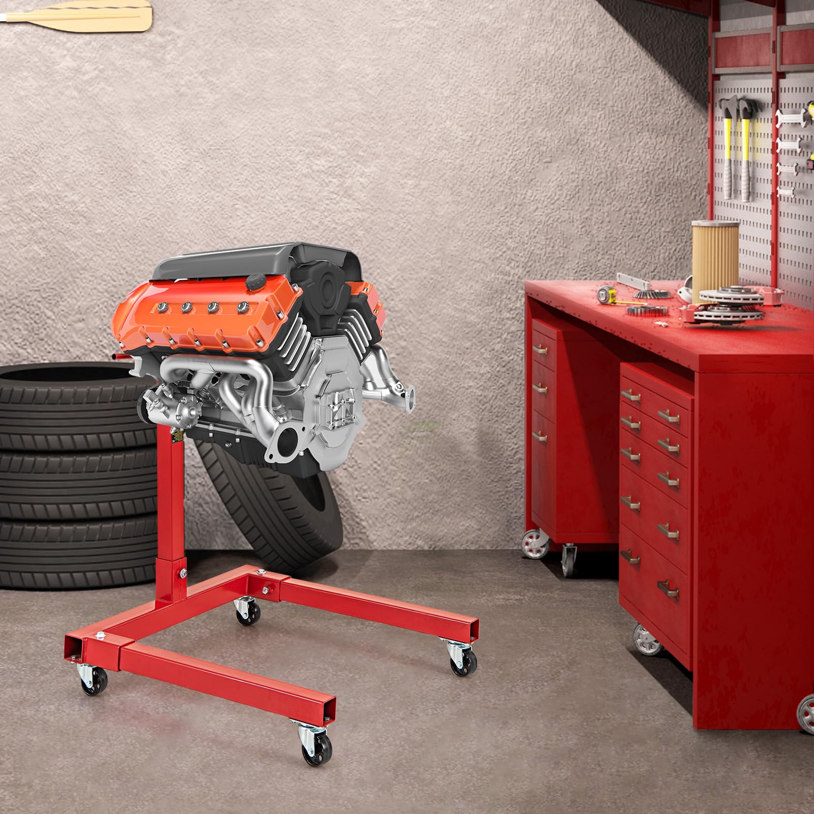 GYMAX Soporte de Motor de 3/4 Toneladas de Capacidad con Cabezal Giratorio de 360°, 4 Brazos Ajustables, 4 Ruedas Universales, Resistente para Taller de Reparación de Automóviles, Garaje, Rojo