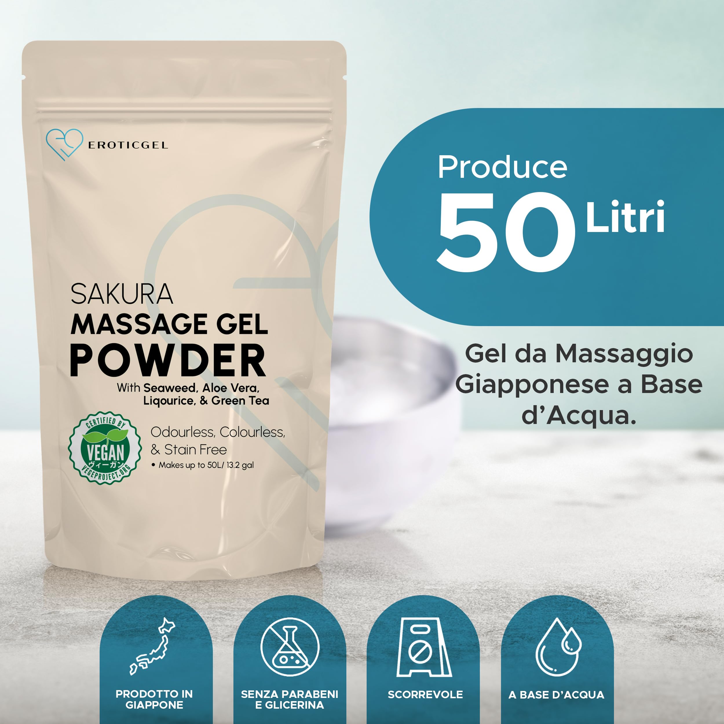 Polvere Gel da Massaggio Nuru Edizione Sakura 500g, Aloe Vera, Alga, Liquirizia e Te Verde, Uso Professionale, Stile Giapponese, Vegano, Senza Profumo, Base Acqua, Resa fino a 50 Litri