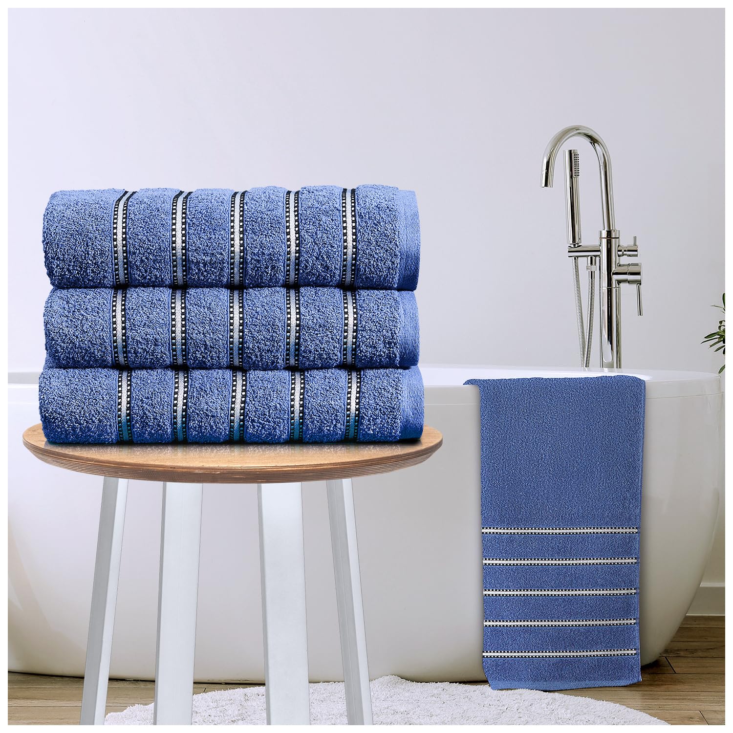 GC GAVENO CAVAILIA Striped Bath Sheets Extra Large 3Pack | 600GSM Towels Bath Sheets Quick Dry & Water Absorbent Towels Set | Lightweight Hotel Quality Thick Cotton Towel Bath Sheet 90x150 Cm, Blue