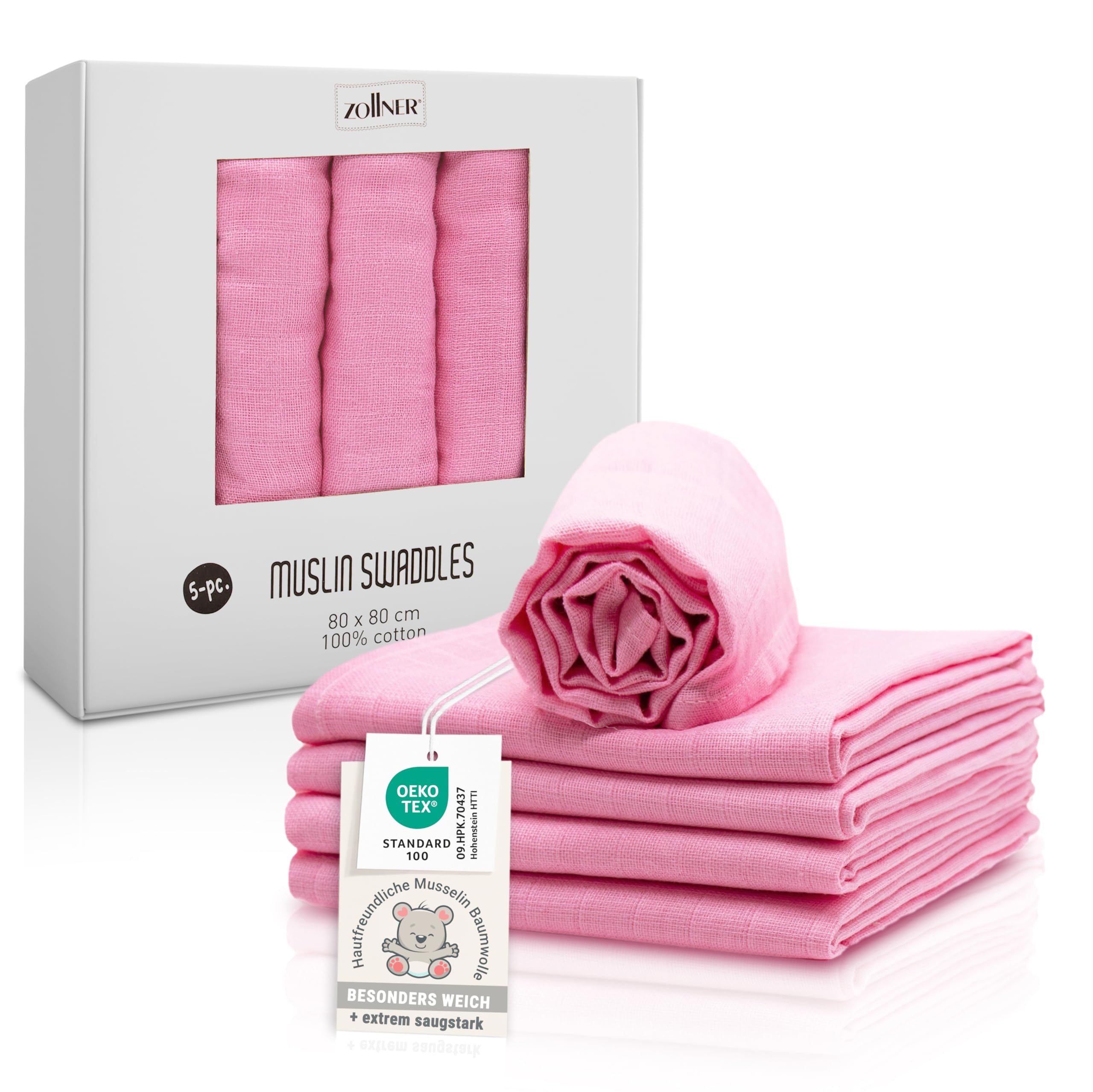 ZOLLNER 5er Set Musselin Spucktücher in 80x80 cm aus Baumwolle - hautfreundliche Mulltücher - besonders weich und extrem saugstark - waschbar bis 60°C - in rosa