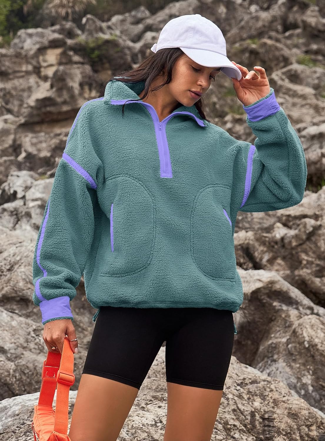 Yanekop Womens Quarter Zip Pullover Sherpa Fleece Jacket Oversized Zip Up Sweatshirt Half Zip Pullover Fuzzy Outerwear - Image 3