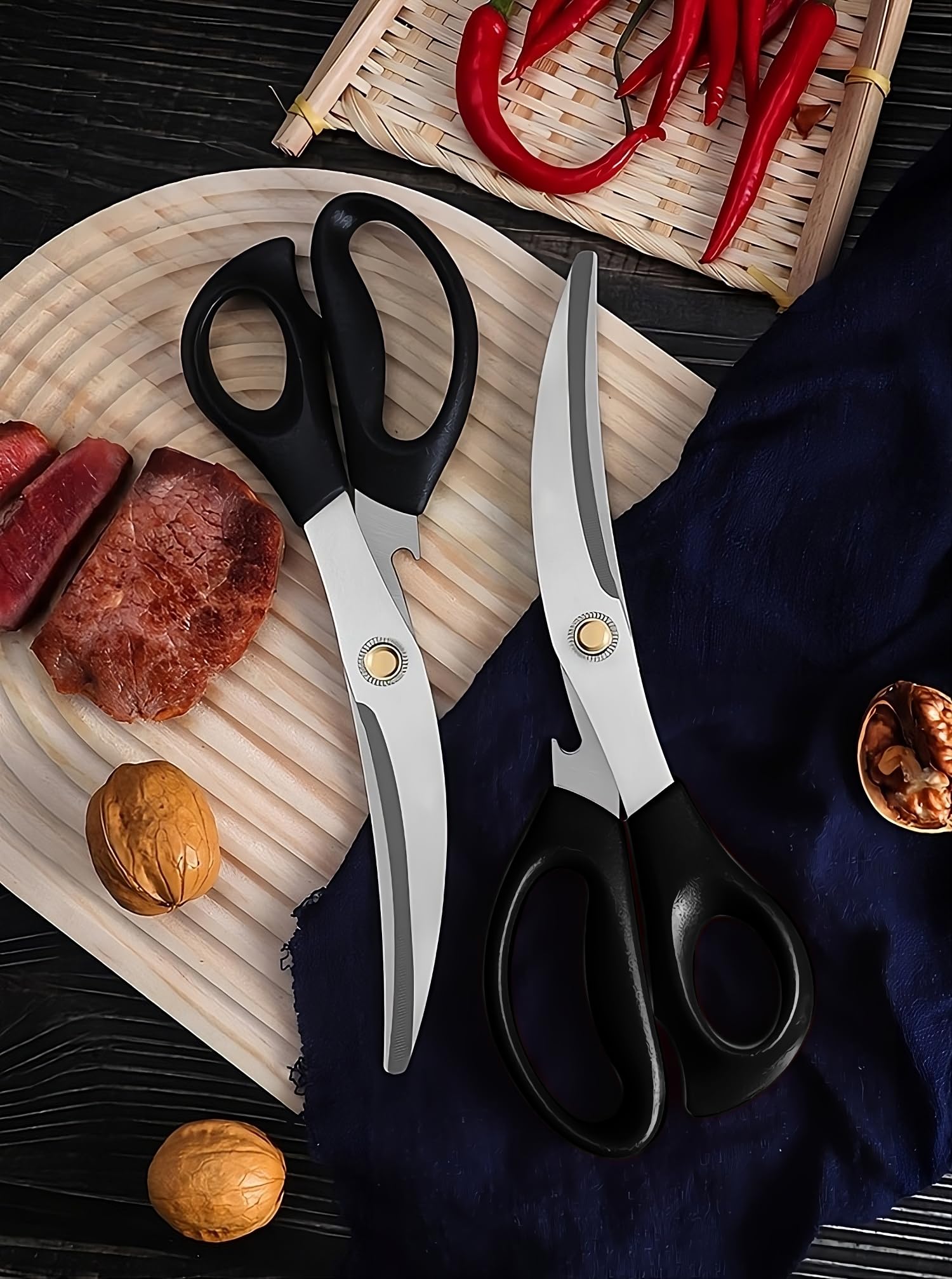 Top Chef All-Purpose Kitchen Scissors | Korean Kitchen Shears for Meat, Fish, Vegetables, Herbs & BBQ | Heavy-Duty 3Cr13 Stainless Steel (Black)