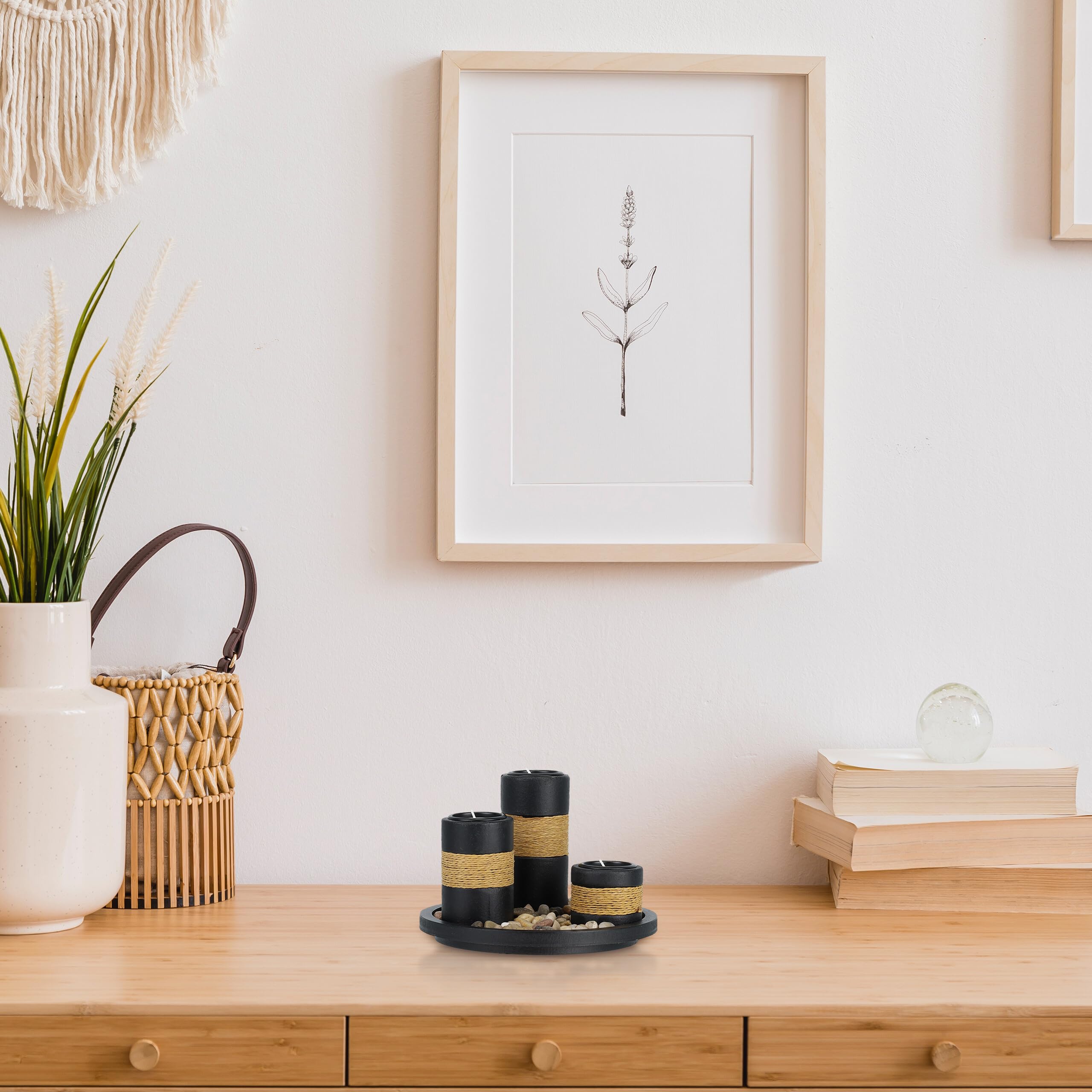 Relaxdays Portacandele Decorativo con Vassoio e Pietre, Ø 19,5 cm, Decorazione per Tavolino e Soggiorno, Nero Marrone