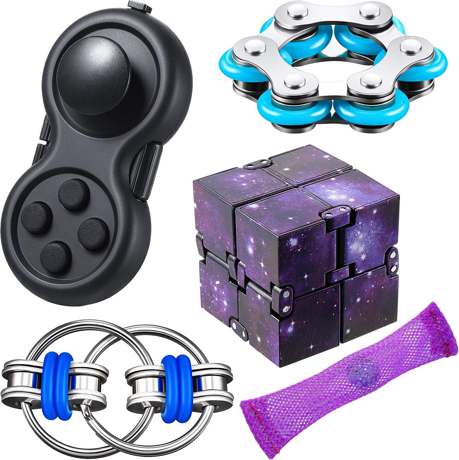 5 Pieces Fidget Toy Set Include Six Roller Chain Fidget, Key Flippy Chain Starry Cube and Fidget Controller Pad Stress Reducer Marble Fidget Toy for Autism Stress and Anxiety Relief