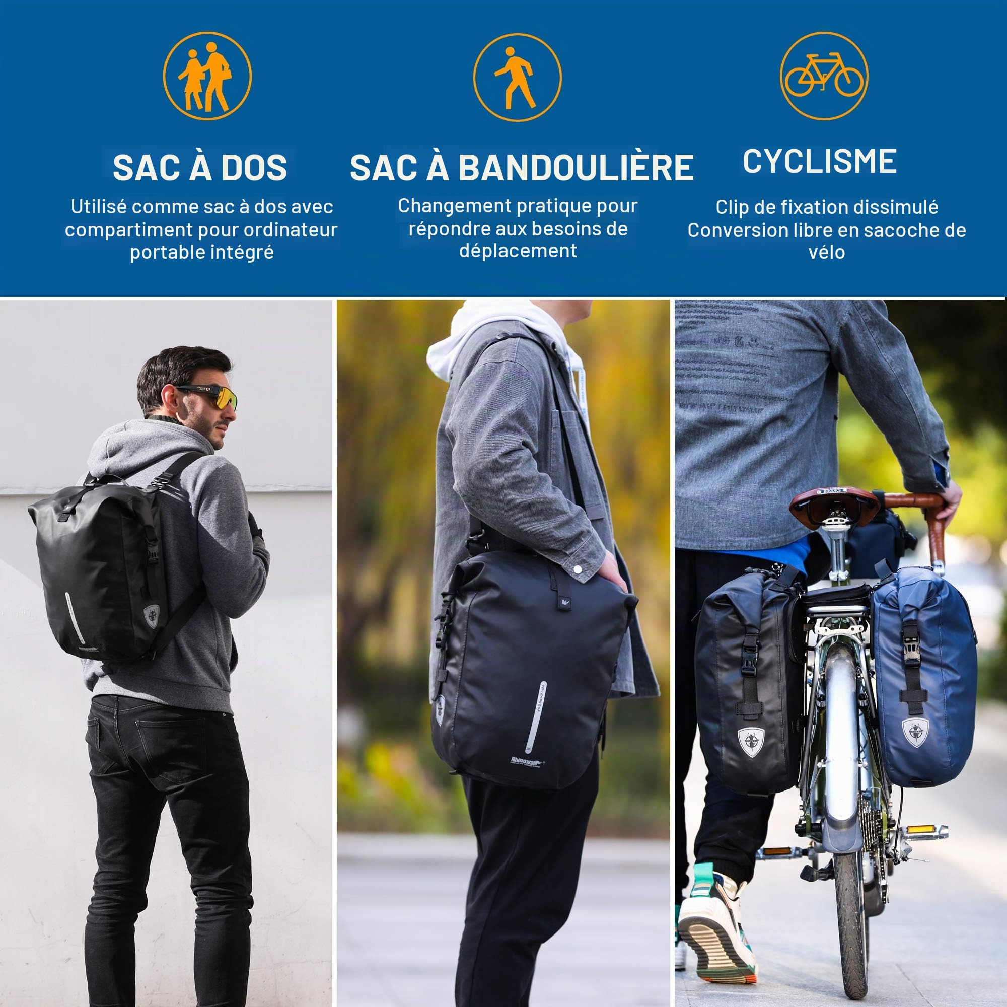 Rhinowalk Sacoche de vélo de 20 L avec housse de pluie - Sacoche arrière pour vélo - Sac de rangement pour ordinateur portable - Sac à dos avec bandoulière