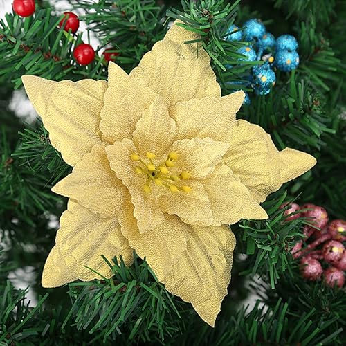 10 flores artificiales de Pascua con purpurina navideña con 10 clips, flores falsas grandes de doble capa de 7.1 pulgadas, adornos de boda y Año