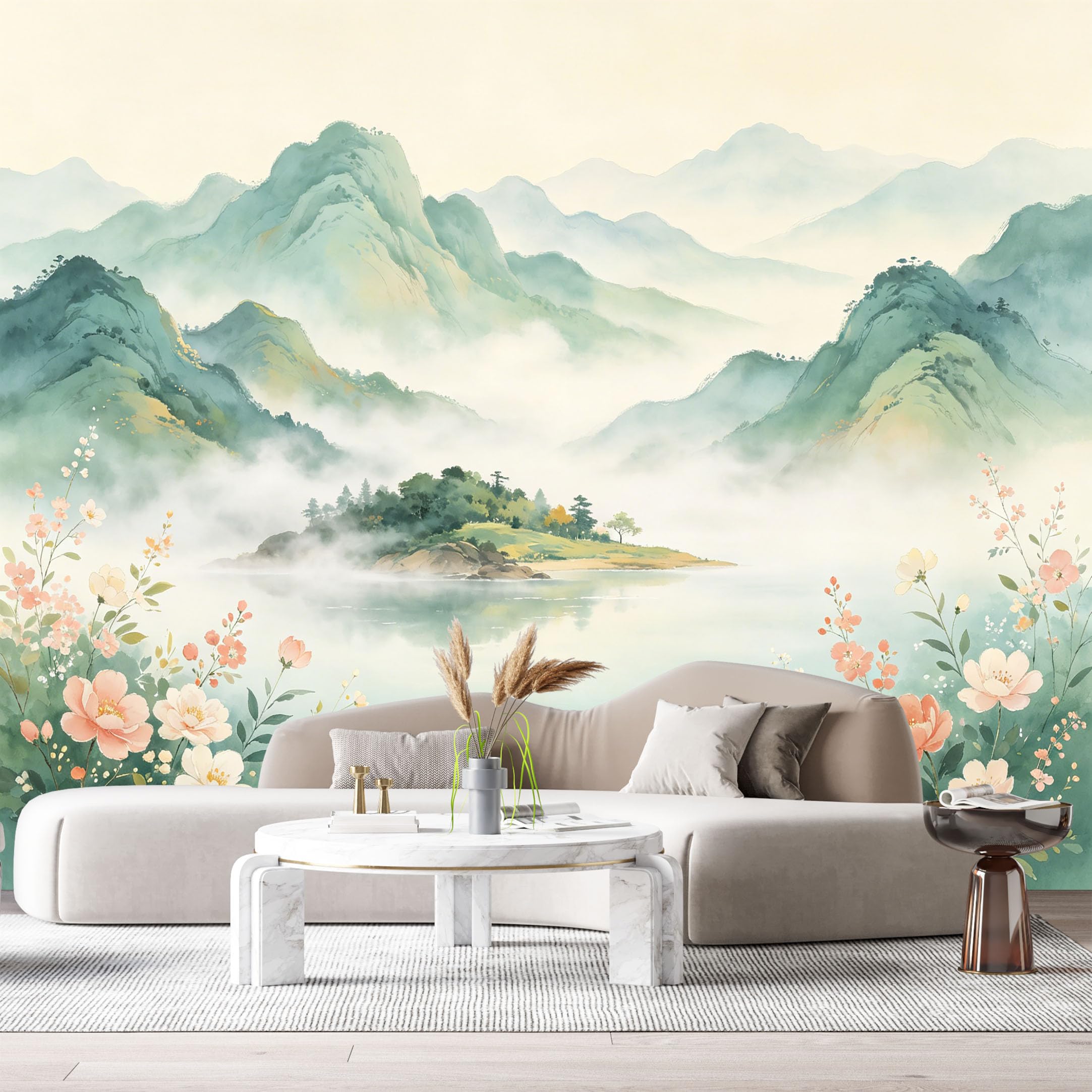 Custom Size Wall Murals Misty Mountain Lake Landscape Watercolor Floral Botanical SelfAdhesive Wall Fabric Removable Large Wallpaper for Photo Living Room